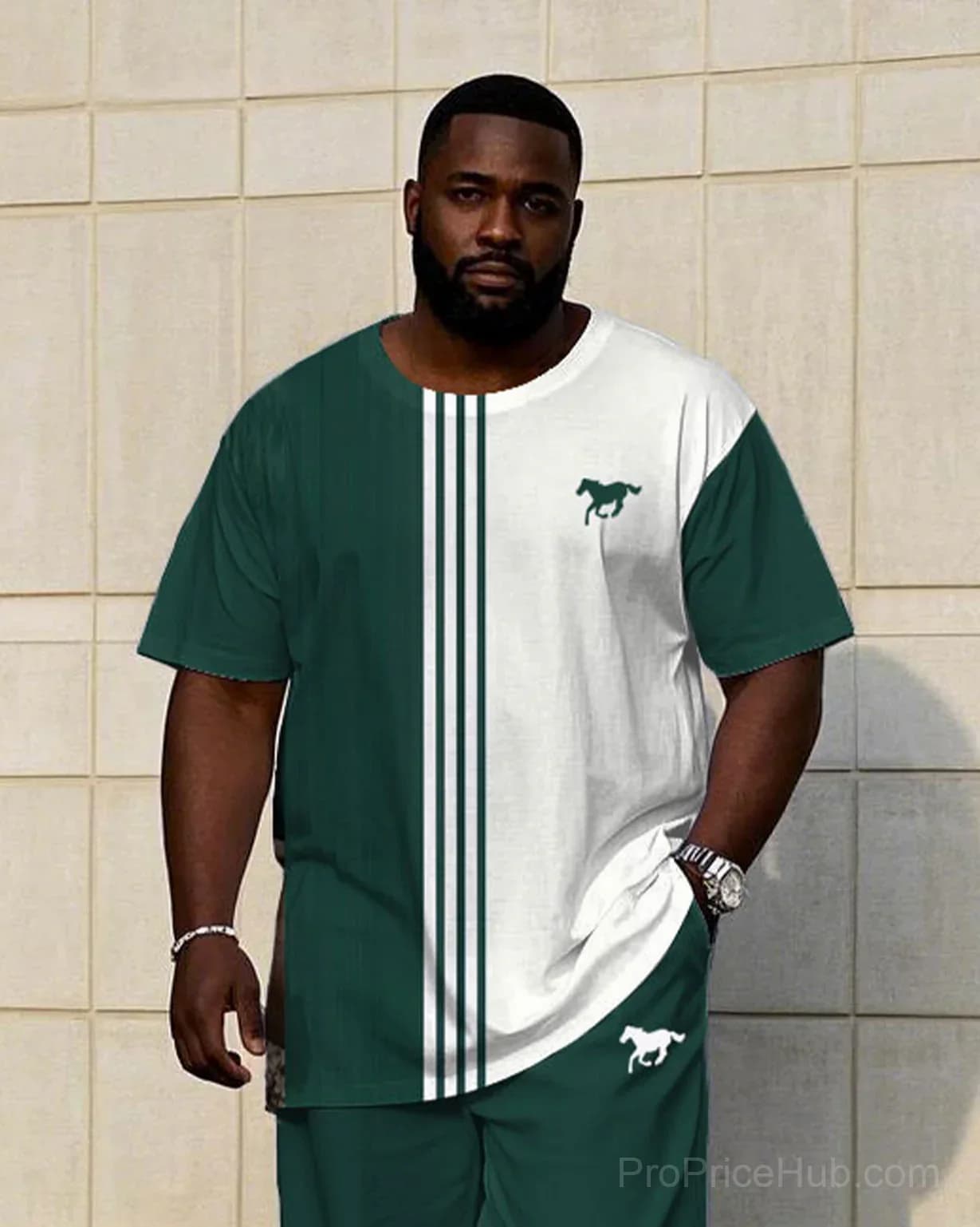 Big & Tall Men's Short Sleeve Tee & Pants Set - White/Green Contrast Stripe - View 3