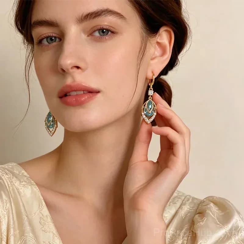 Sky Blue Drop Dangle Hoop Earrings, Gold, 1 Pair - View 3