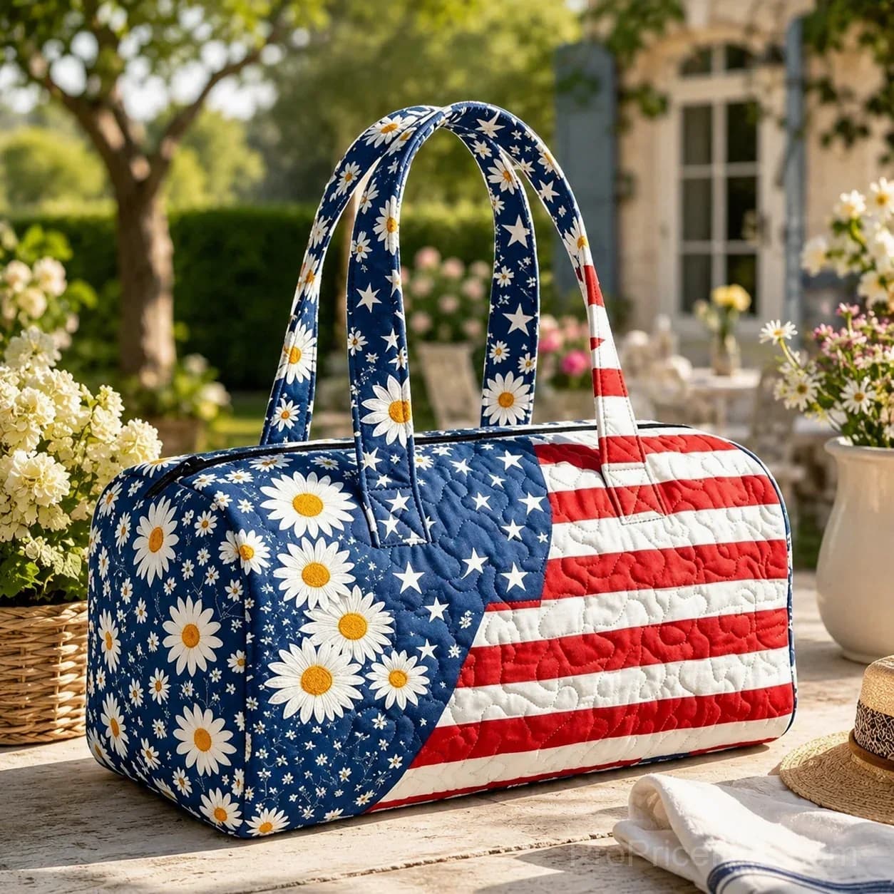 Patriotic Quilted Tote Bag – 3D Floral American Flag Travel Duffel - View 7