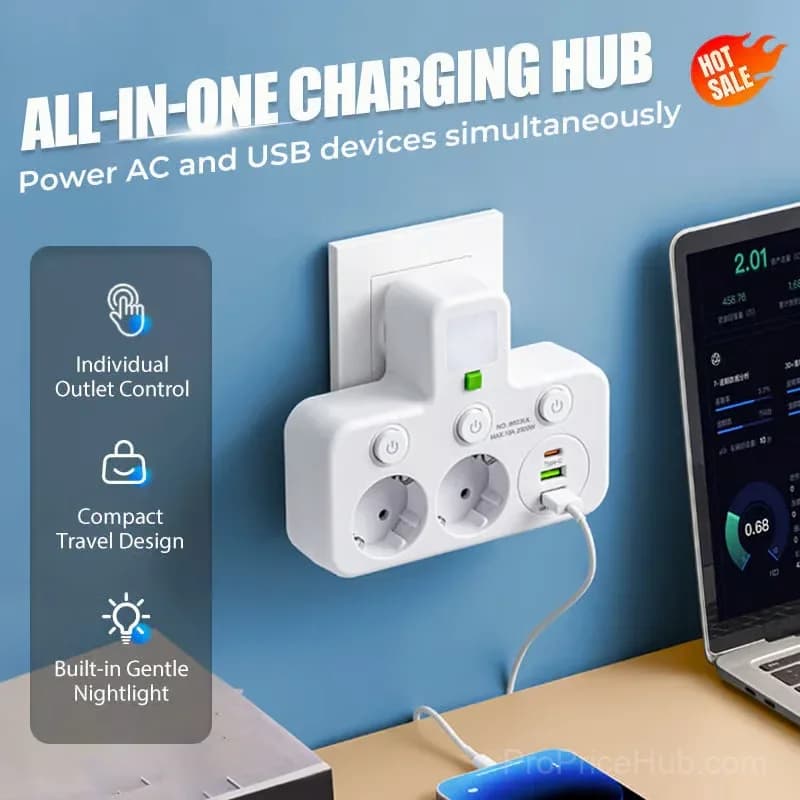 Smart Power Strip with USB Ports, EU Plug, White, 2 Outlets - View 1