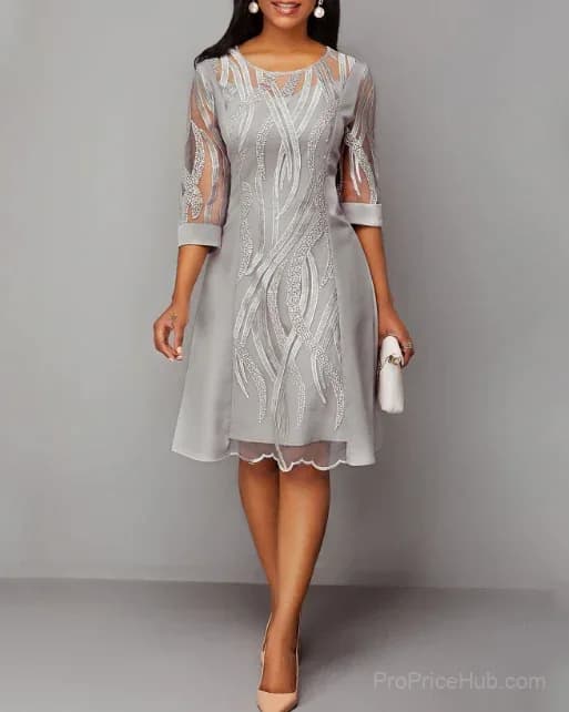 Light Grey Lace Panel 3/4 Sleeve Dress - View 1
