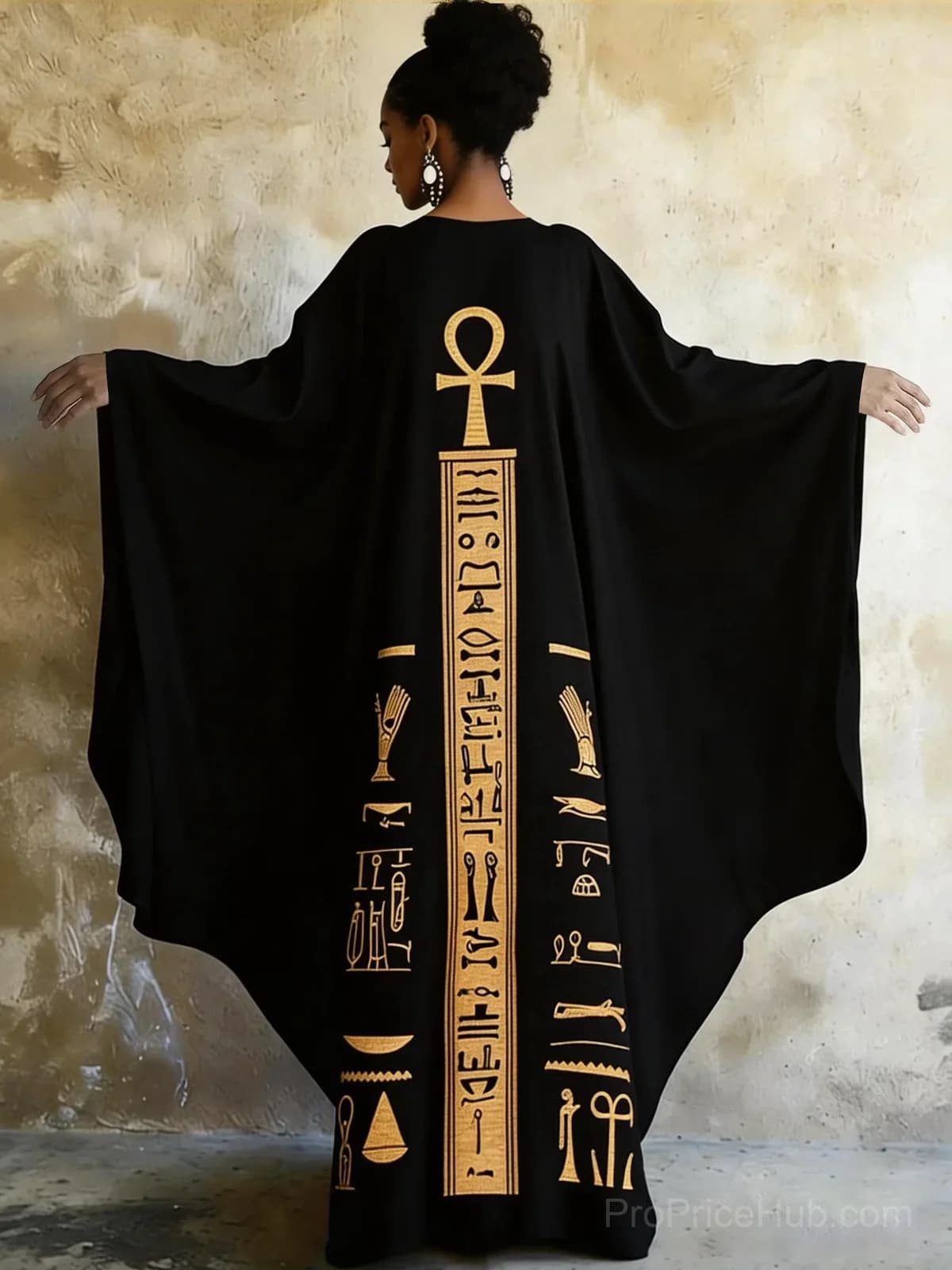 Ankh Golden Ancient Egyptian Art V-Neck Long Kaftan Dress - View 2