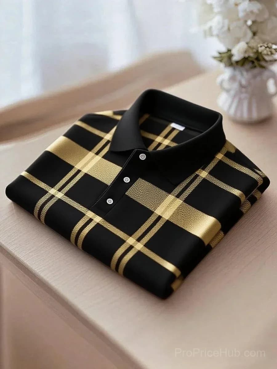 Men's Black and Yellow Plaid Short Sleeve Polo Shirt - View 2