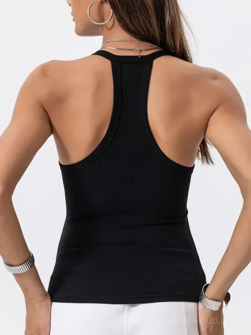 Solid Ribbed Tank Top with Built-in Bra - View 3