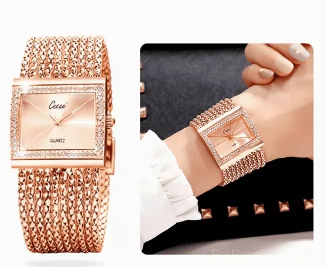 Ladies Gold Rhinestone Square Quartz Watch - View 12