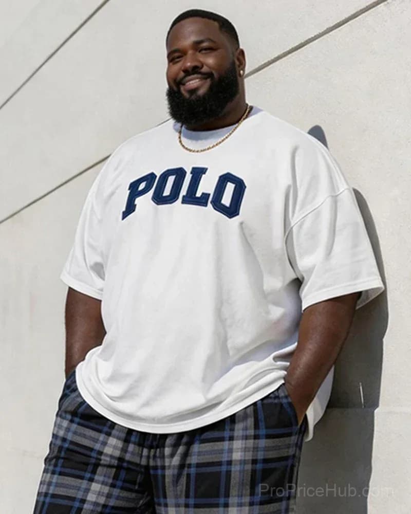 Men's Big & Tall Vintage Plaid Polo Alphabet Print T-Shirt & Shorts Set - View 3
