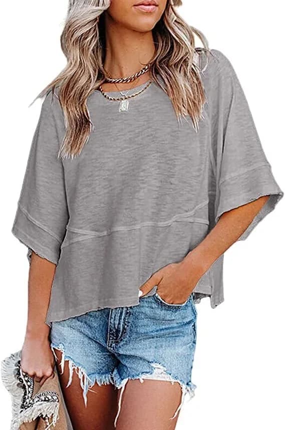 Paneled Solid Color Flared Sleeve T-Shirt - Alt