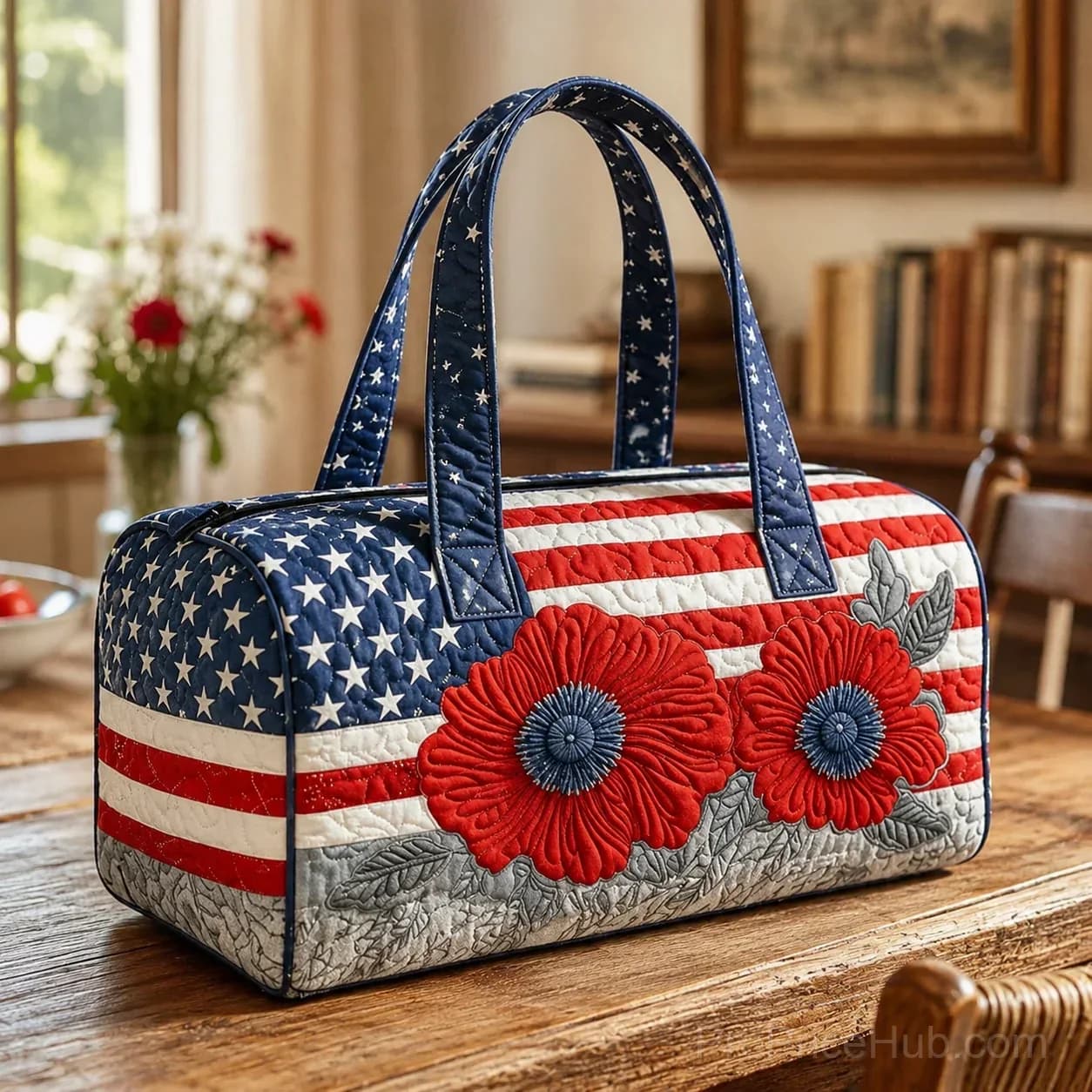 Patriotic Quilted Tote & Travel Duffel with 3D Floral American Flag - View 8