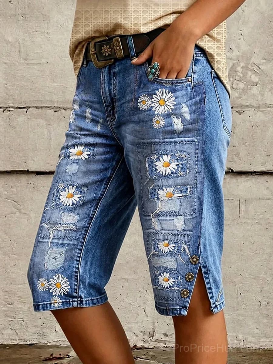 Retro Casual Floral Art Print Denim Shorts - View 1