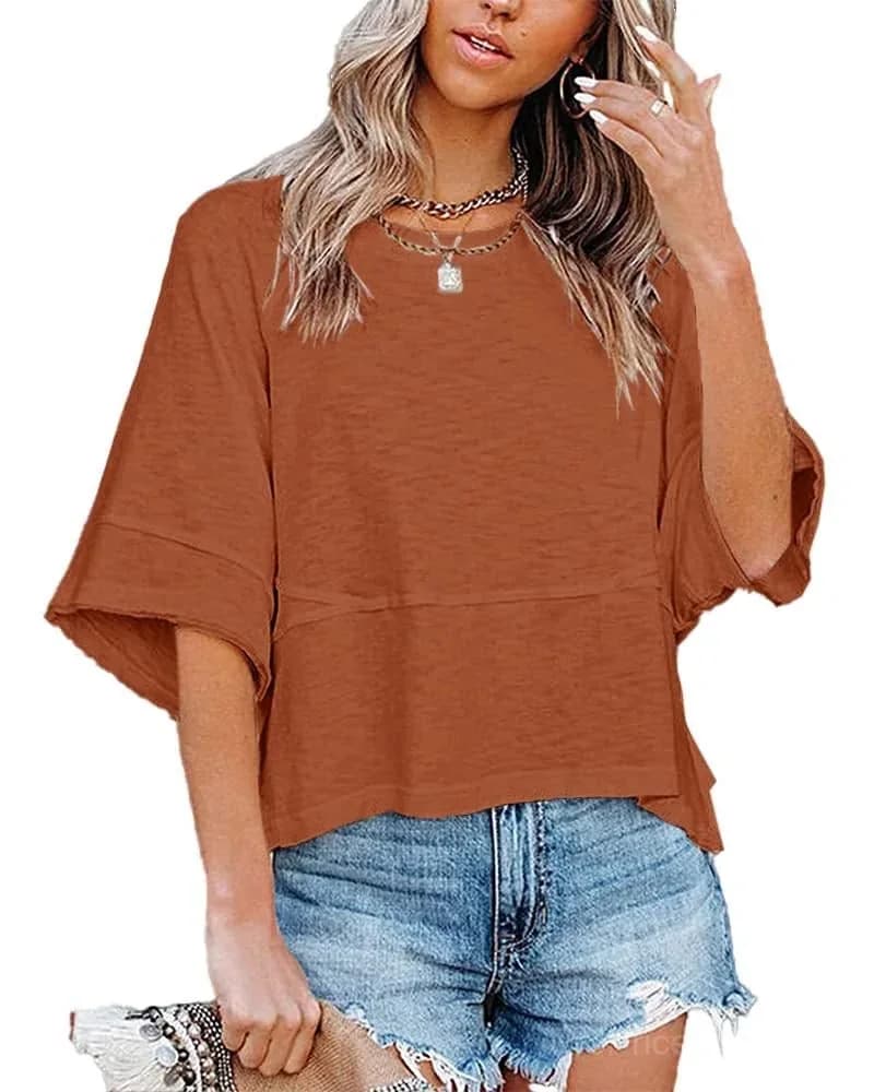 Paneled Solid Color Flared Sleeve T-Shirt - View 8