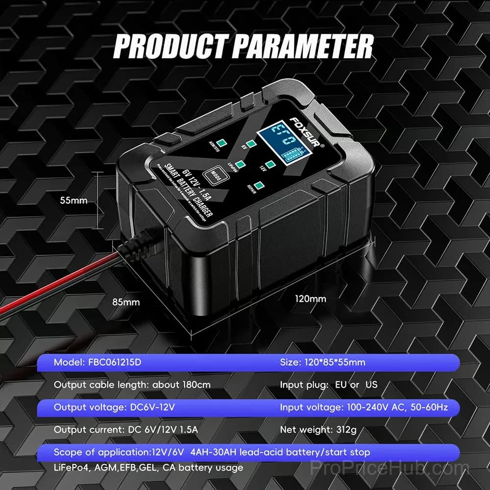 6V/12V Automatic Battery Charger, US Plug - View 2