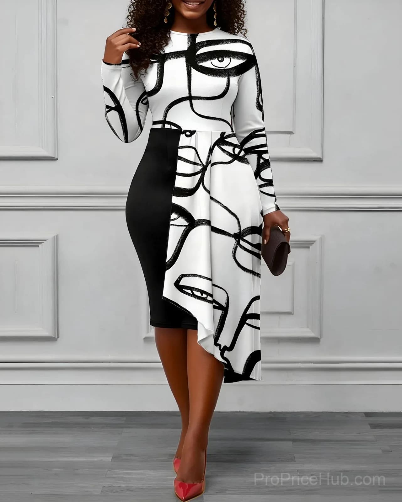 Crew Neck Long Sleeve Asymmetrical Hem Face Print Dress - View 1
