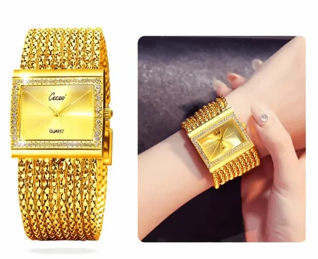 Ladies Gold Rhinestone Square Quartz Watch - Main