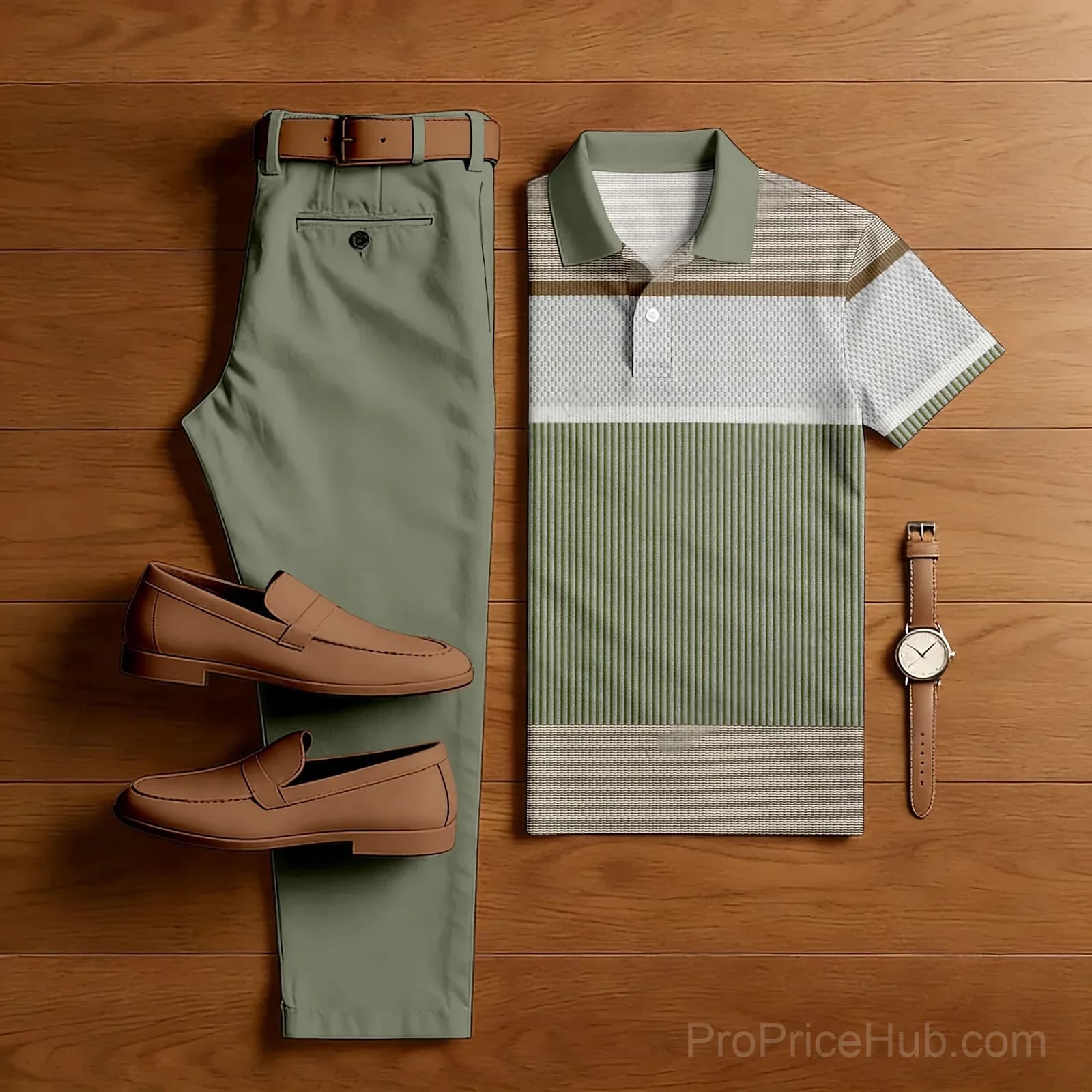 Men's Army Green & Khaki Striped Short Sleeve Polo and Trousers Set - View 1