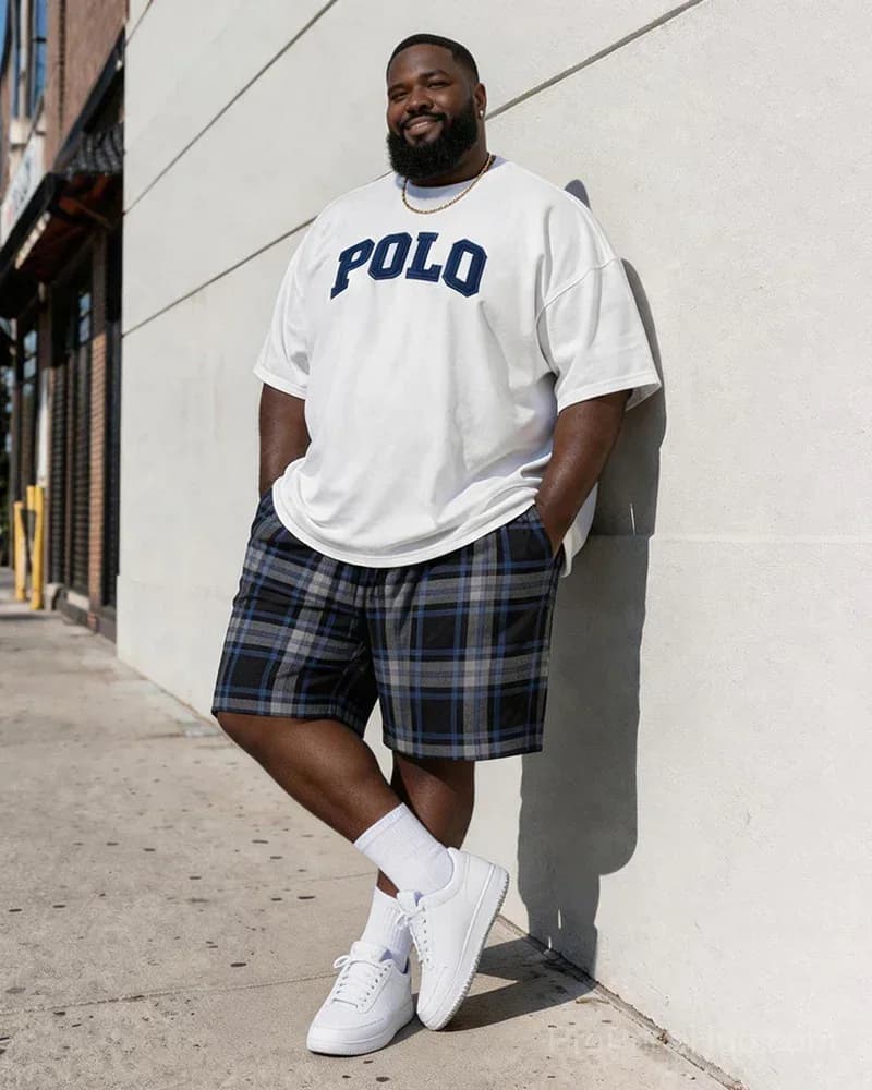 Men's Big & Tall Vintage Plaid Polo Alphabet Print T-Shirt & Shorts Set - View 1