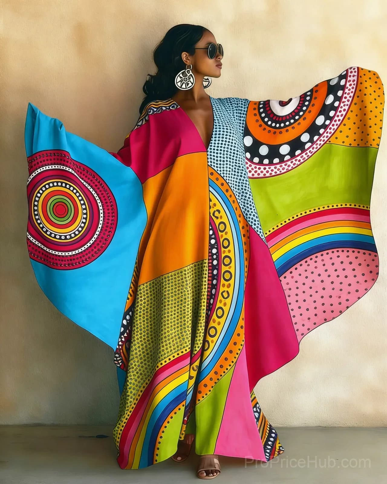 Abstract Hand-Painted Art Print V-Neck Long Kaftan Dress - View 1