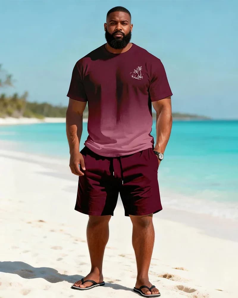 Big & Tall Men's Wine Red Gradient Coconut Print Tee & Shorts Set - View 1