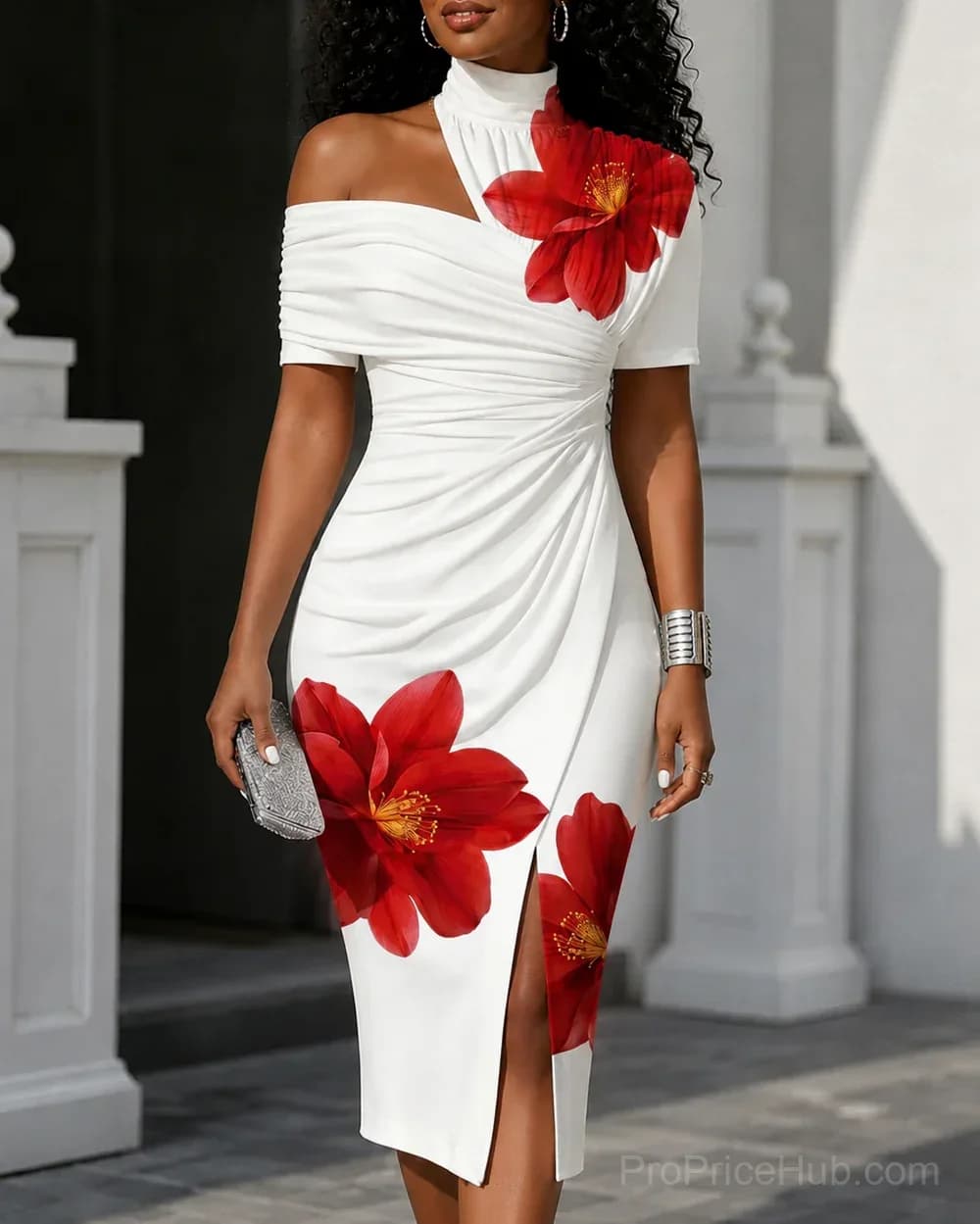 One-Shoulder Asymmetrical Midi Dress with Large Floral Print - View 2