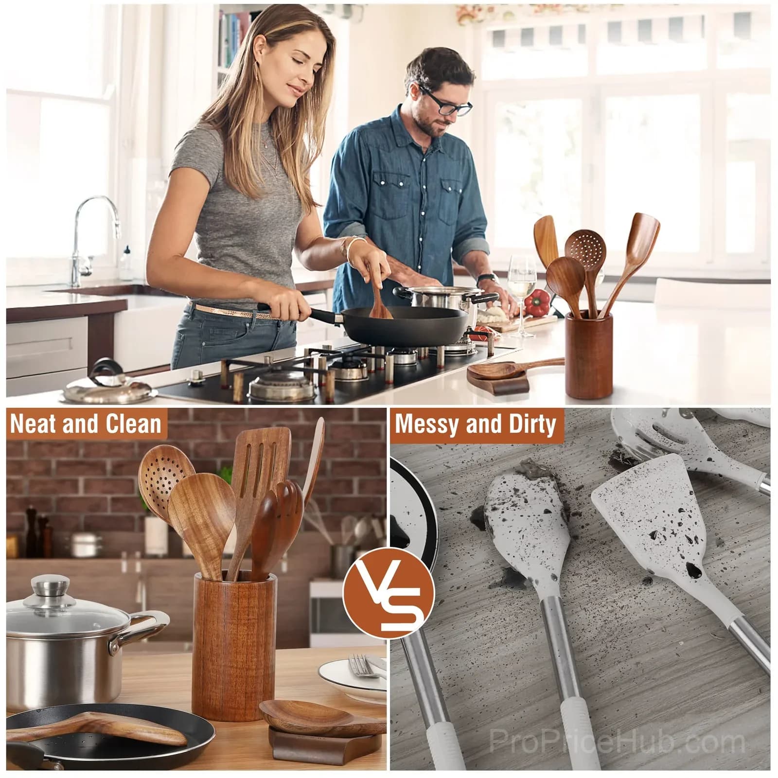 9-Piece Natural Teak Wooden Kitchen Utensil Set with Holder - View 5