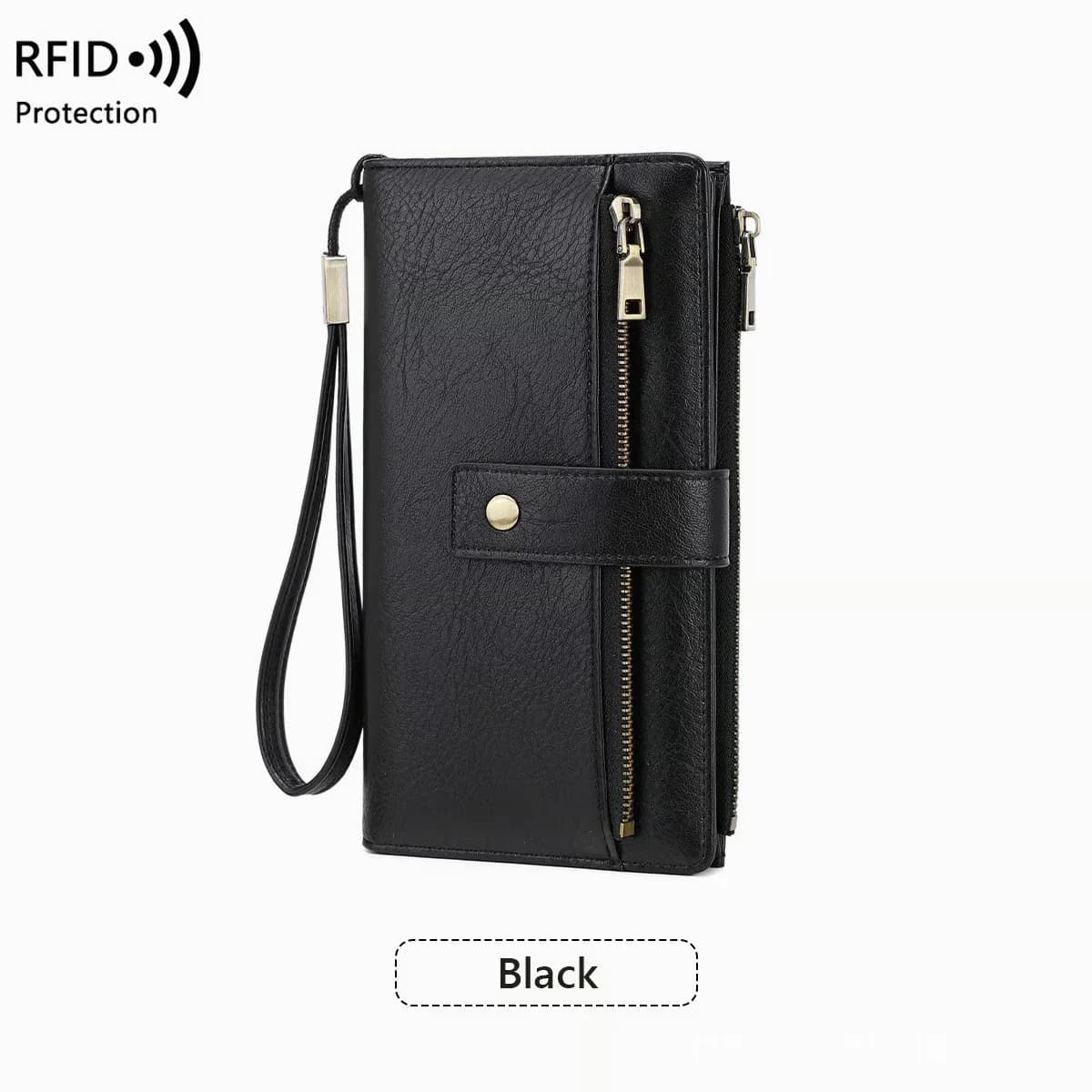 Women's RFID Blocking Leather Long Wallet Clutch - Black - Main