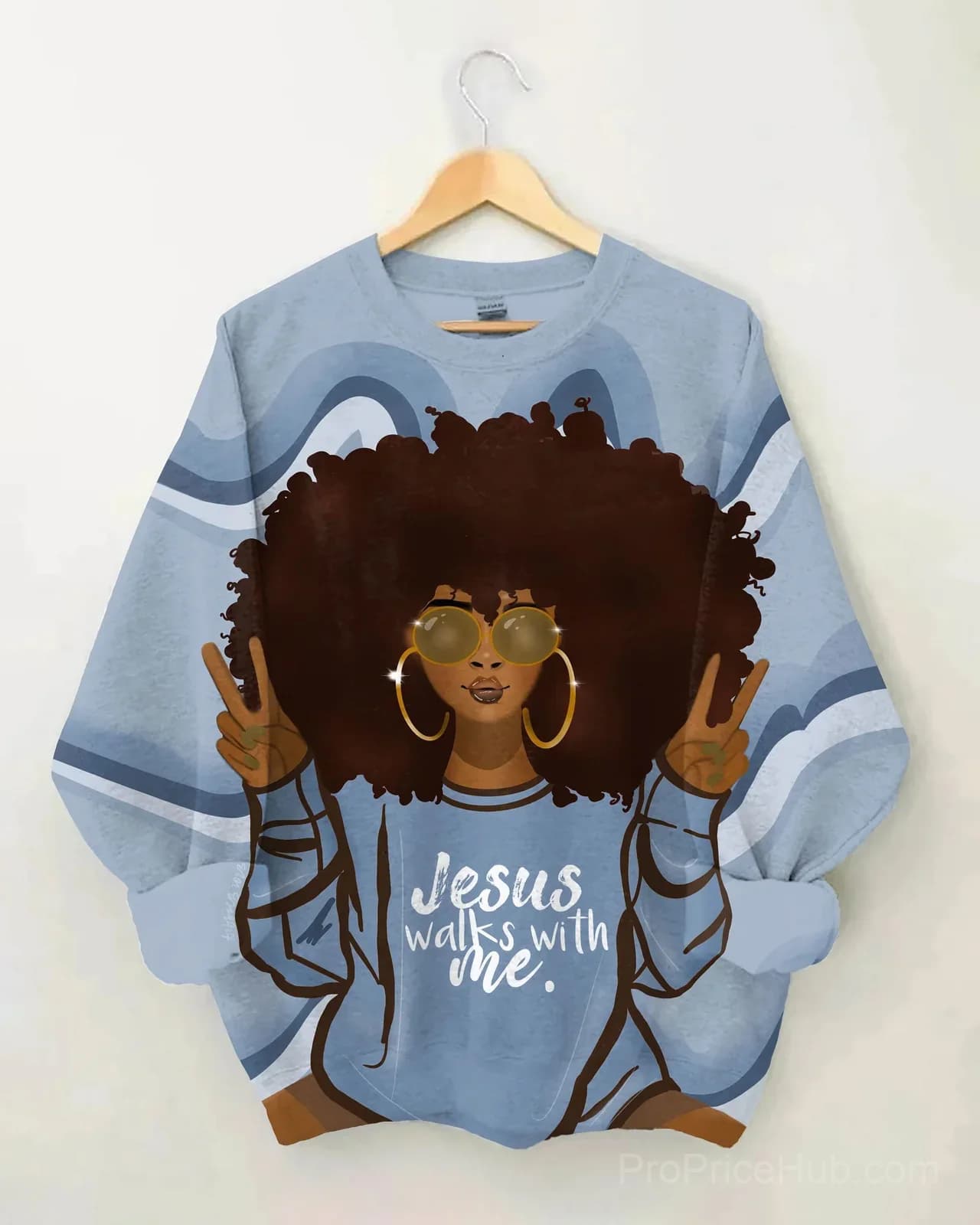 Afro Girl Jesus Walks with Me Long Sleeve Sweatshirt - View 2