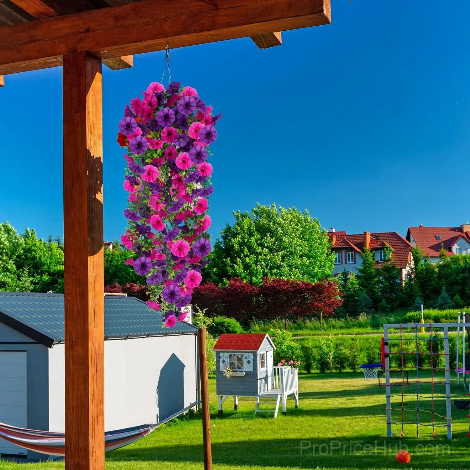UV Resistant Artificial Morning Glory Hanging Vine, Purple & Red - View 7