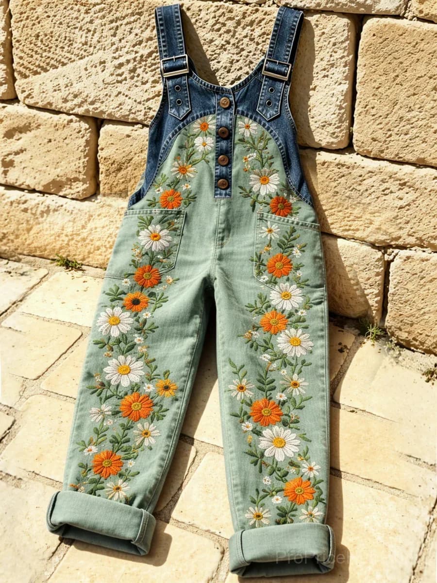 Women's Retro Art Print Washed Cotton Denim Patchwork Jumpsuit - View 1