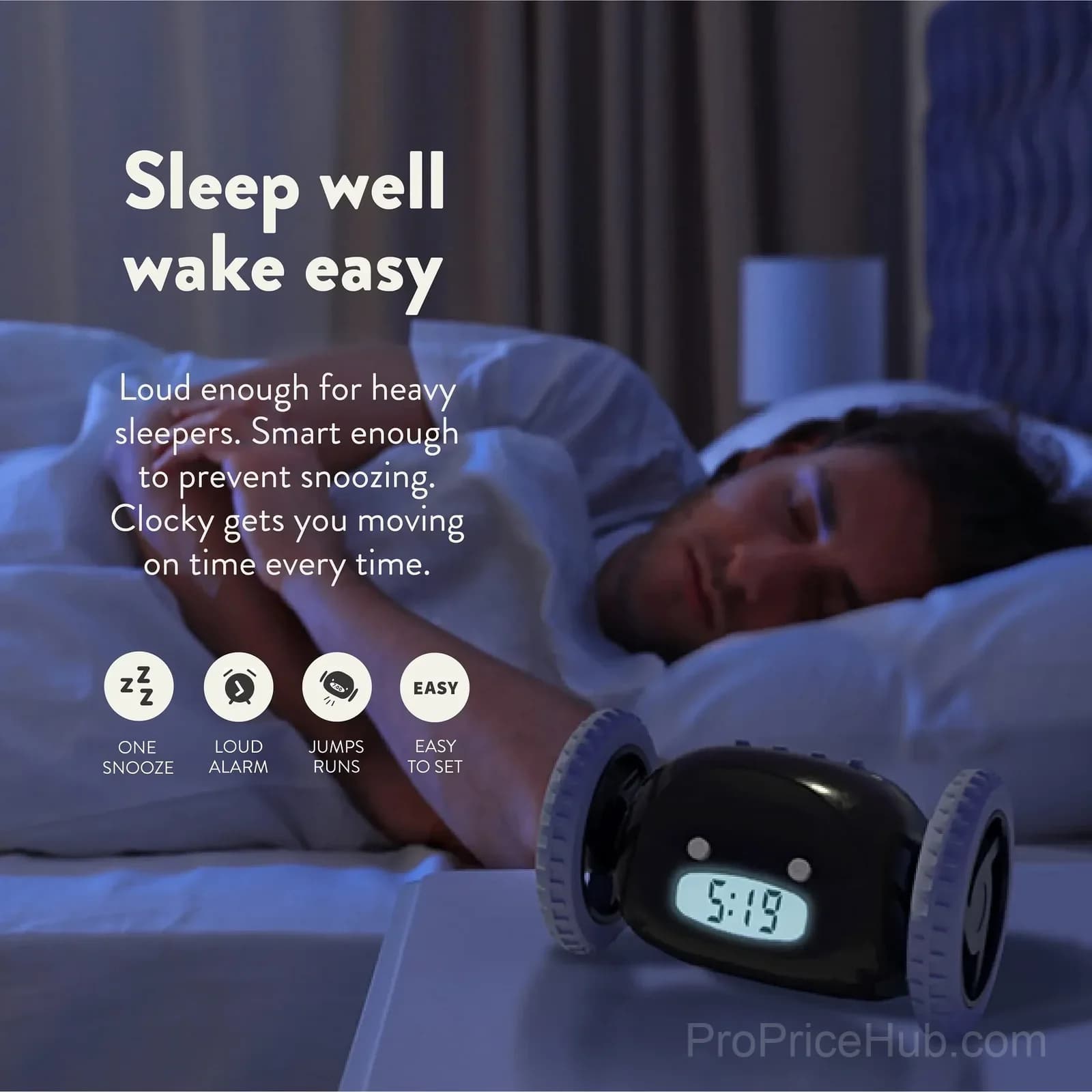 Rolling Alarm Clock on Wheels, Extra Loud, Black - View 5