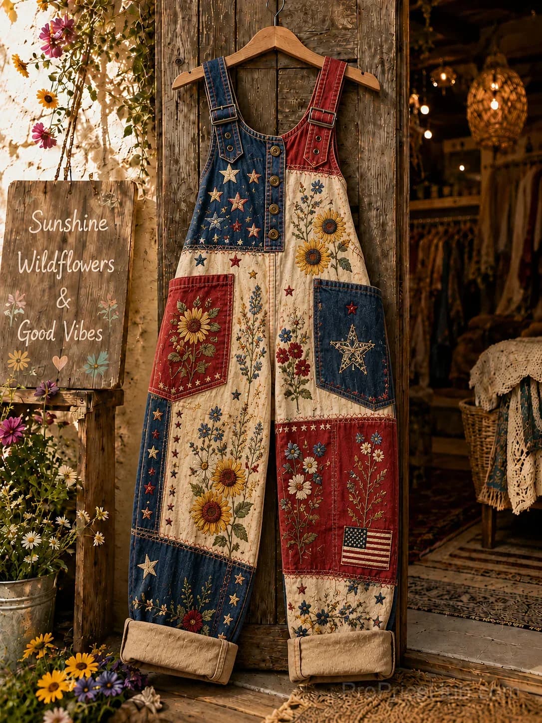 Women's Retro Art Print Patchwork Washed Cotton Denim Jumpsuit - View 1