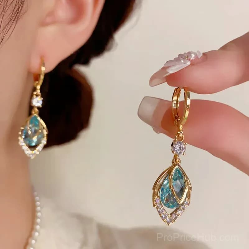 Sky Blue Drop Dangle Hoop Earrings, Gold, 1 Pair - Main