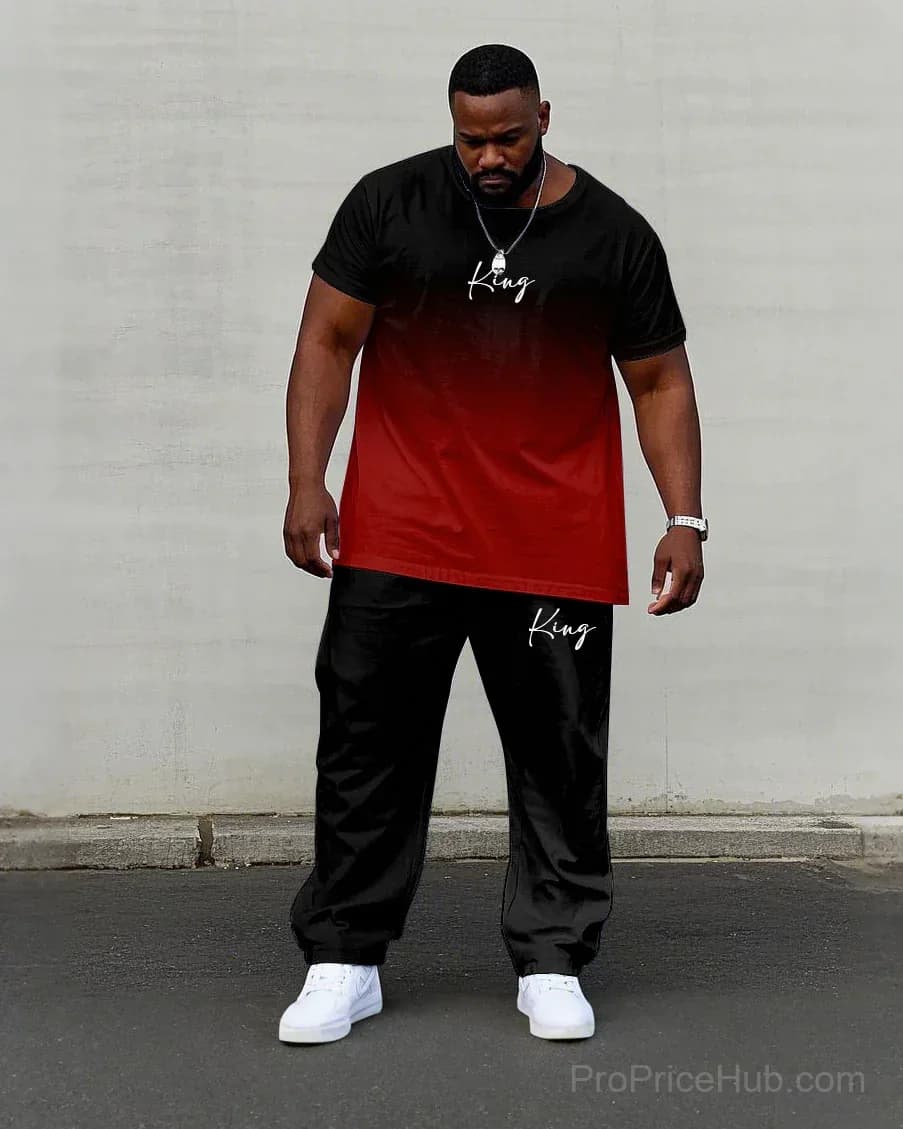 Men's Plus Size Red & Black Gradient King Print Tee & Pants Set - View 1