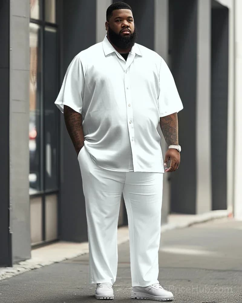 White Big Men's Short Sleeve Shirt & Trousers Set - View 1