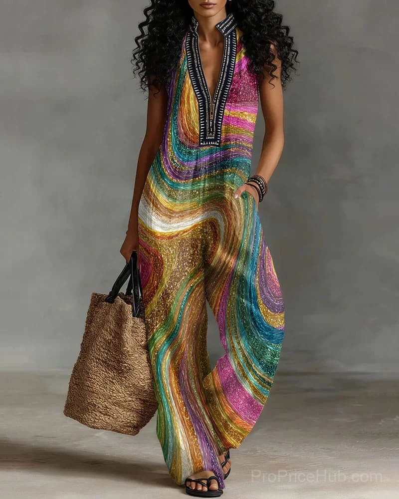 Linen Blend Color-Block Abstract Stripe Sleeveless Jumpsuit with Stand Collar - View 1