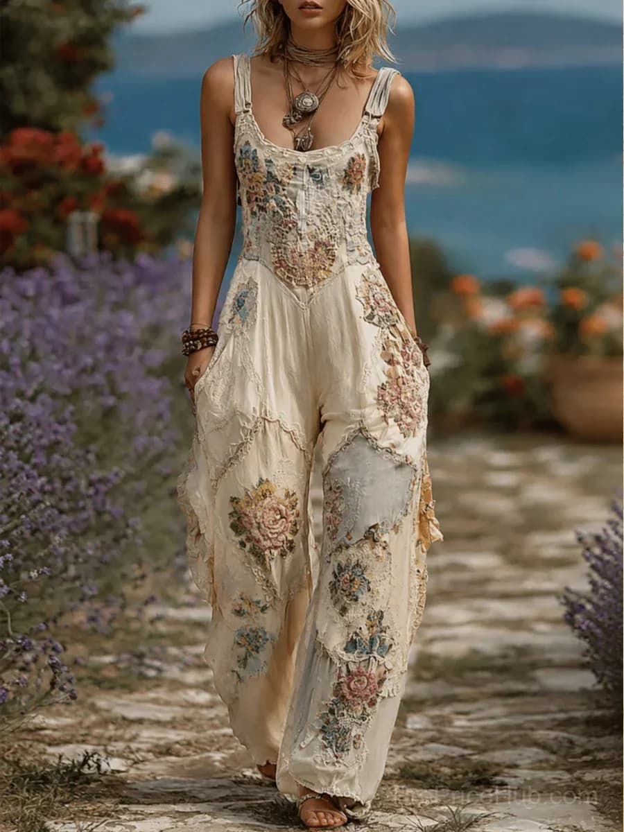 Women's Retro Washed Denim Art Print Patchwork Jumpsuit - View 1