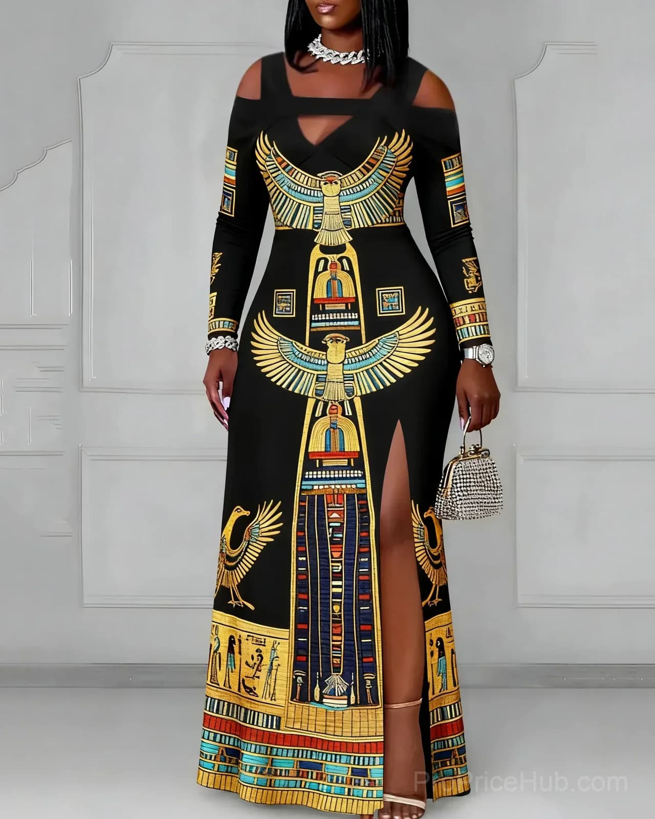 Black Off-Shoulder V-Neck Long Sleeve Bodycon Party Dress with Egyptian Print - View 1
