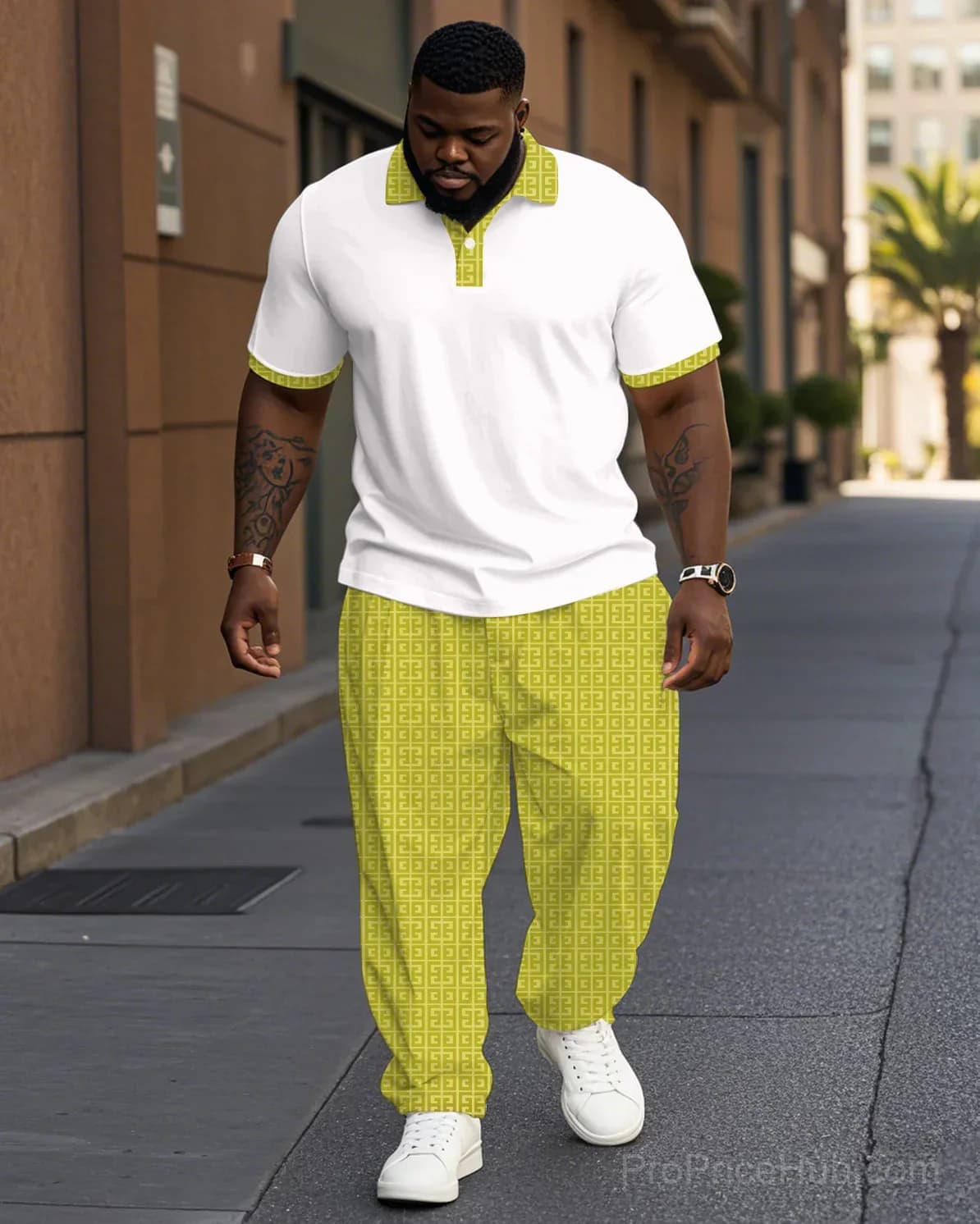 Men's Plus Size Casual Geometric Jacquard Polo Shirt & Trousers Suit Set - View 1