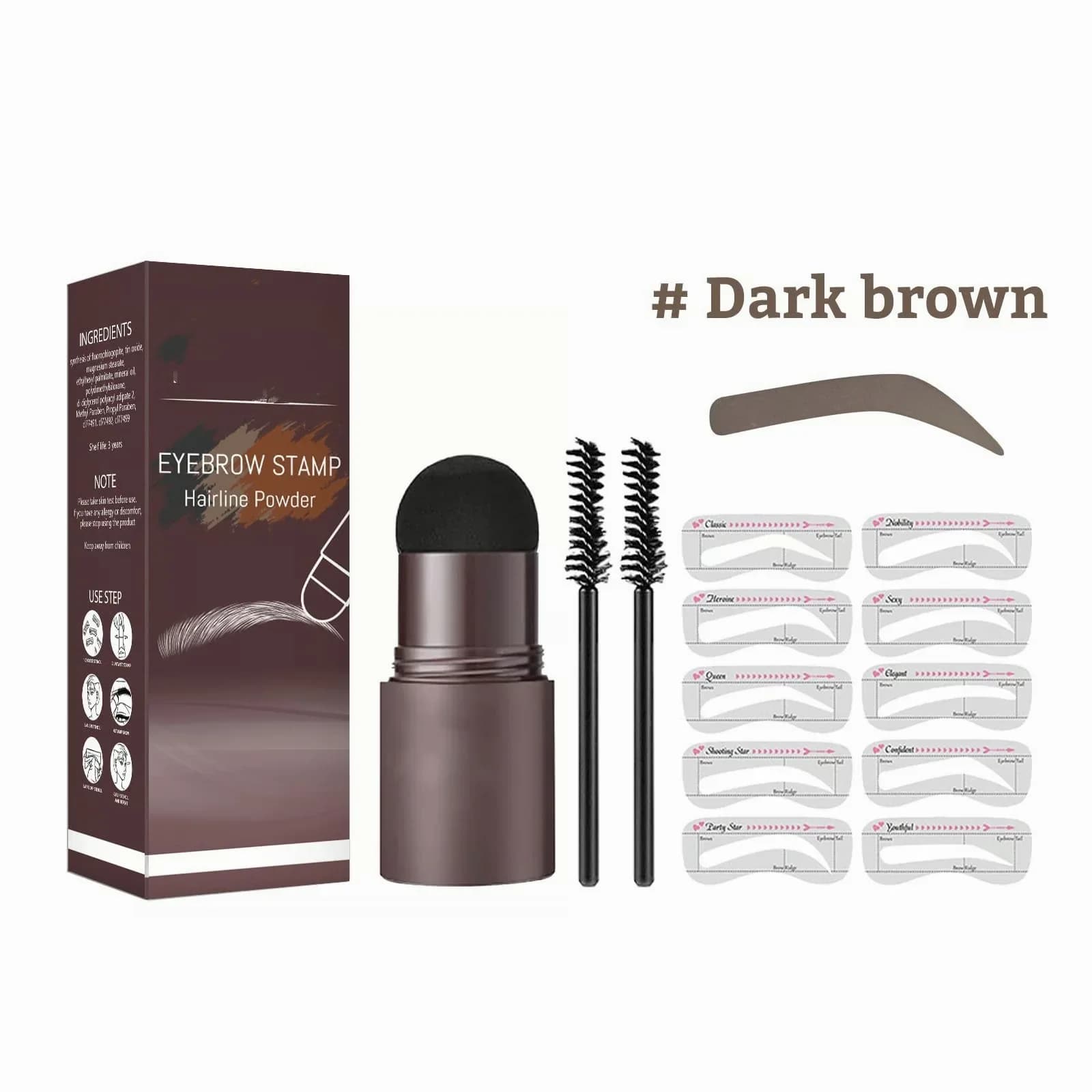 Brow Stamp Set with 10 Templates and 2 Brow Brushes - Dark Brown - View 1