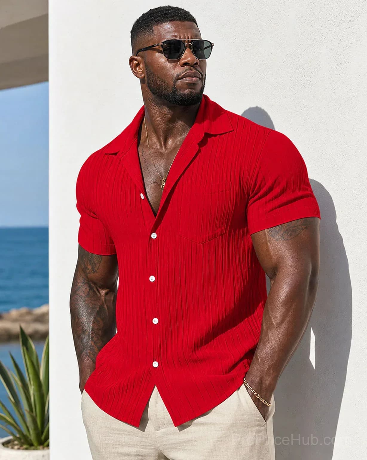 Men's Striped Jacquard Textured Short Sleeve Summer Beach Shirt - View 20