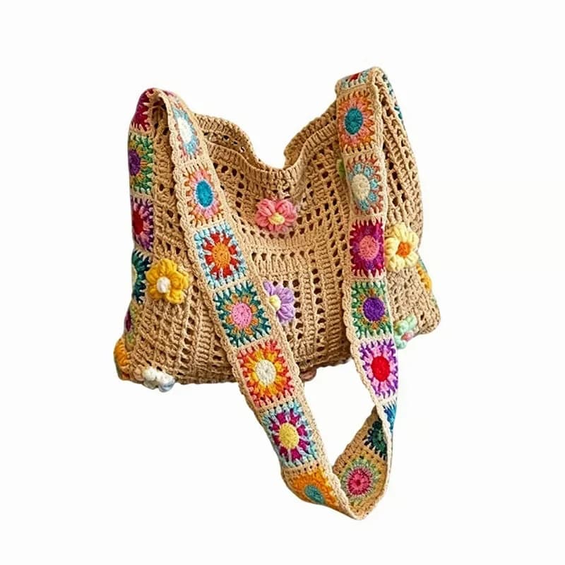 Casual Hollow Knit Tote Bag, Off-White Ethnic Squares - View 4