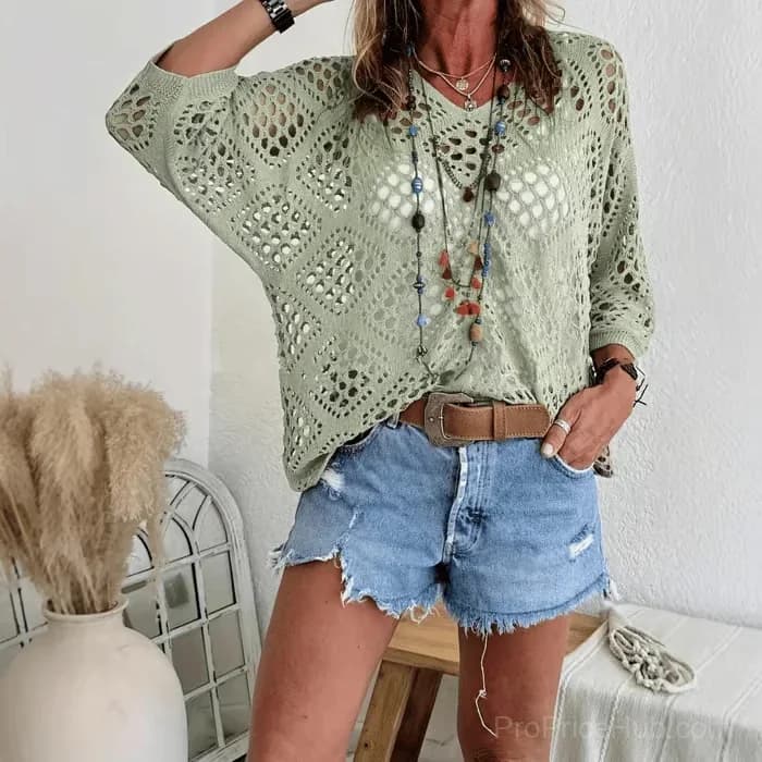 Women's Bohemian Beige Crochet V-Neck Top, Apricot, S - Alt