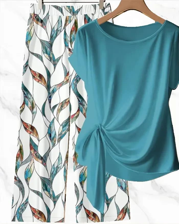 Knot Blouse and Printed Wide-Leg Pants Set, Blue, US 4/S - Main