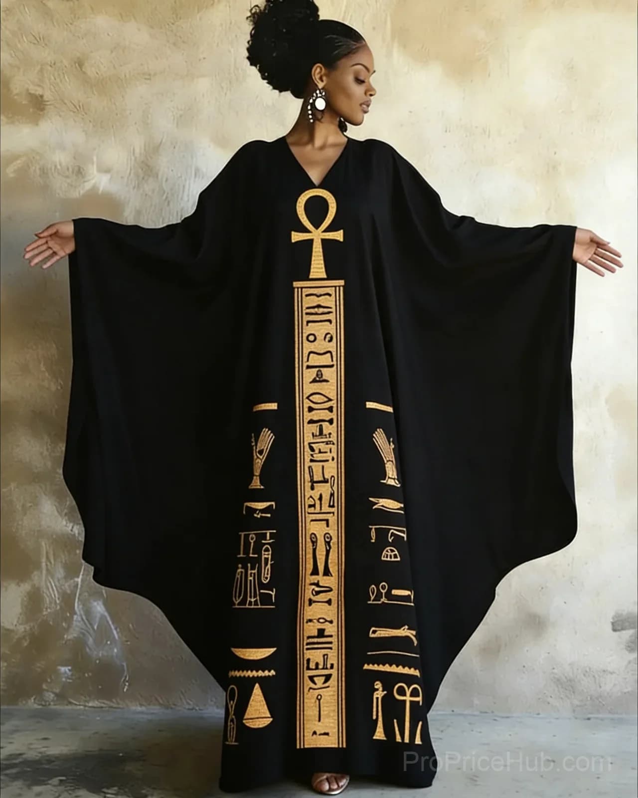 Ankh Golden Ancient Egyptian Art V-Neck Long Kaftan Dress - View 1