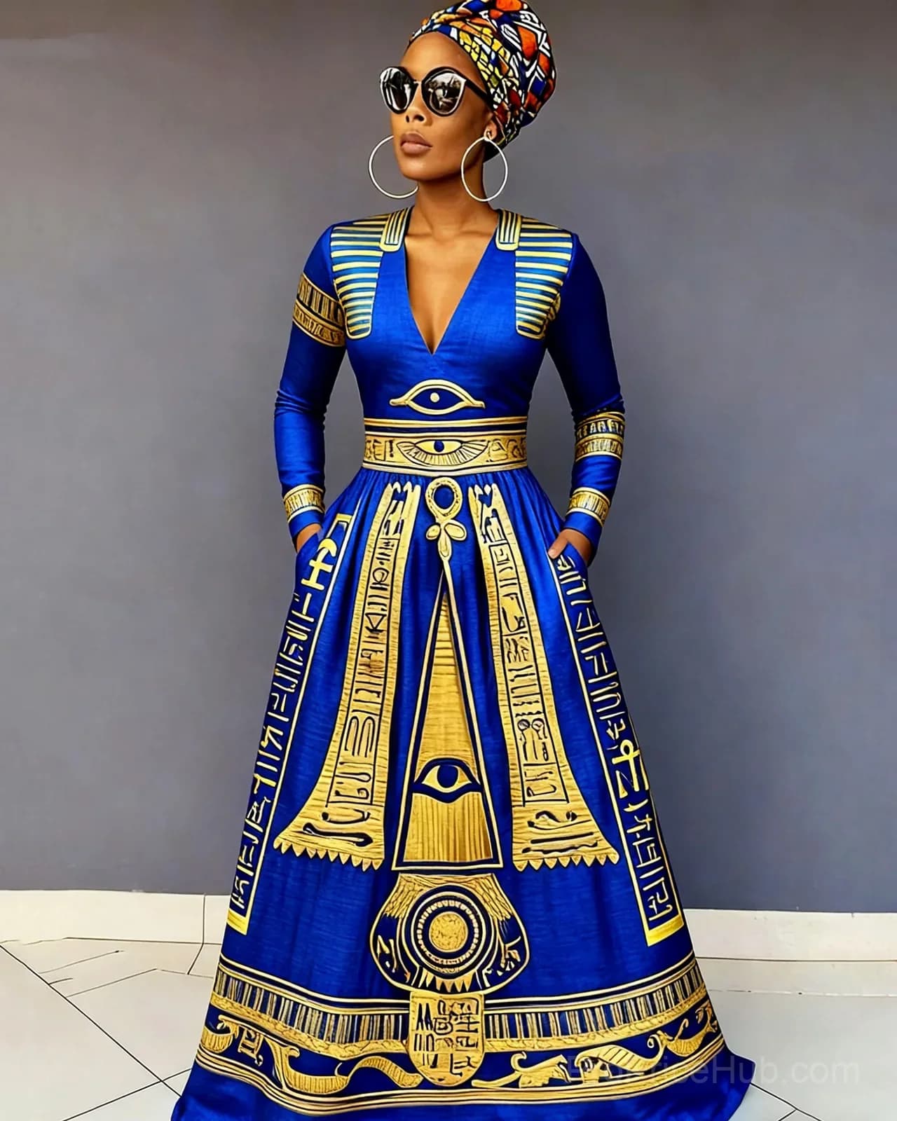 V-Neck Ancient Egyptian Eye of Horus Long-Sleeve Maxi Dress - View 1
