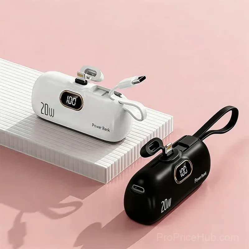 Mini Portable Charger with Built-In Cable, Black/White - View 1