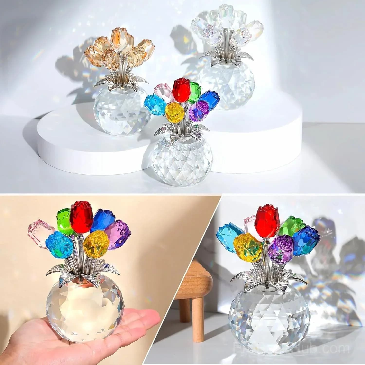 Crystal Colorful Rose Flower Figurine with Vase - View 2
