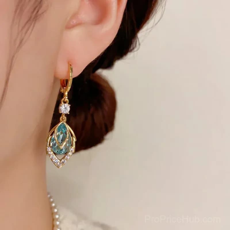 Sky Blue Drop Dangle Hoop Earrings, Gold, 1 Pair - View 6