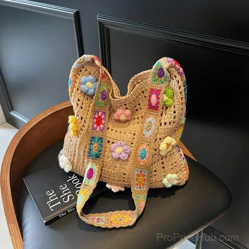 Off-White Hollow Knit Woven Tote Bag with Ethnic Squares - View 4