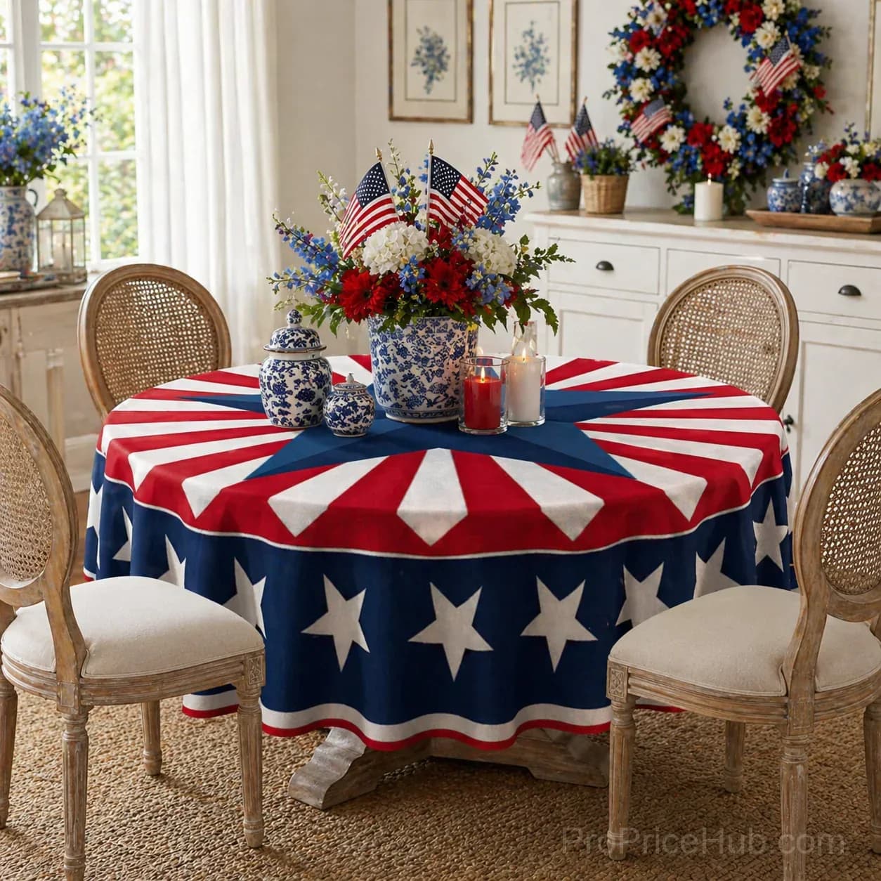 Patriotic Starburst Round Tablecloth - July 4th Independence Day Decor & Outdoor Picnic Cover - Alt