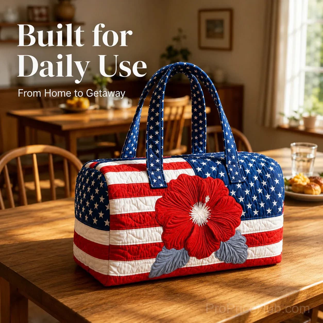 Patriotic Quilted Tote Bag – 3D Floral American Flag Travel Duffel - View 5