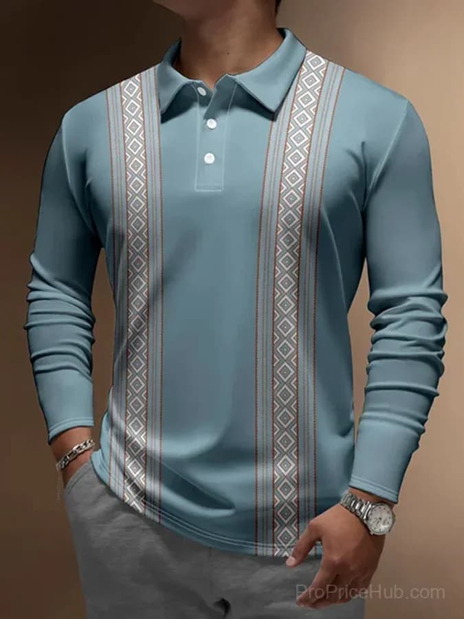 Men's Vintage Geometric Color Block Button Print Polo Shirt - Main